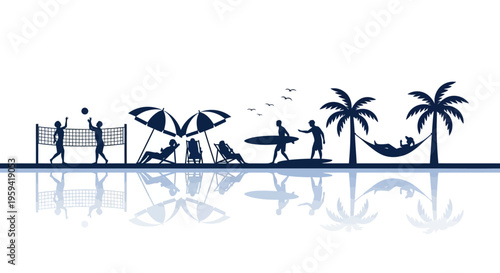 Summer Beach Activities Silhouette Illustration with People Surfing, Playing Volleyball, and Relaxing under Palm Trees