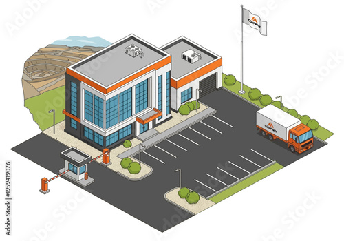Isometric view of a modern logistics company building with a truck, security gate, and parking lot