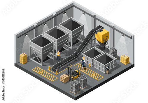 Industrial factory interior with automated conveyor belts and forklifts moving materials