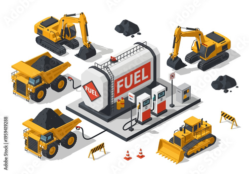 Industrial heavy machinery and fuel station isometric illustration representing heavy industry and logistics