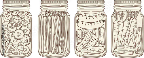 Detailed Hand Drawn Botanical Collection Featuring Pickled Cucumbers in Jars Fresh Carrots Tomatoes Asparagus and Onions for Culinary Design.