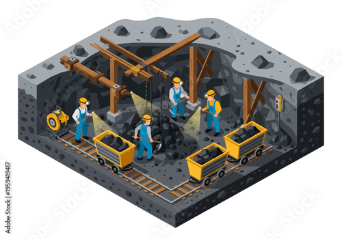 Isometric illustration of miners extracting coal from an underground mine with carts and wooden supports