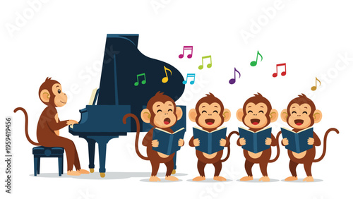 Cute monkeys forming a musical choir and singing from books while another monkey plays a grand piano with colorful notes.