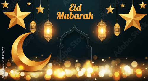 Celebrate the joyous occasion of Eid Mubarak with this festive image featuring a golden crescent moon, illuminated lanterns, and sparkling bokeh lights against a dark backdrop