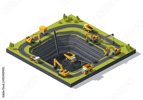 Isometric illustration of a coal mine with excavators and dump trucks working in an open pit mine with trees and grass surrounding the area