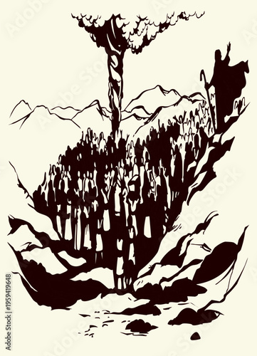 Vector drawing. The people of Israel and the pillar of cloud