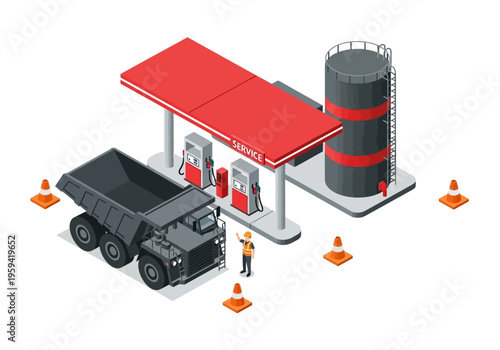 Isometric illustration of a construction site with a fuel station and a dump truck
