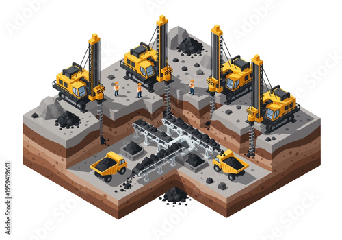 Isometric mining operation with excavators, conveyor belts, and trucks extracting coal