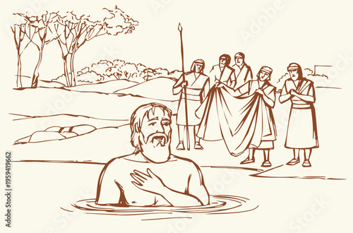 Vector drawing. Naeman in the river