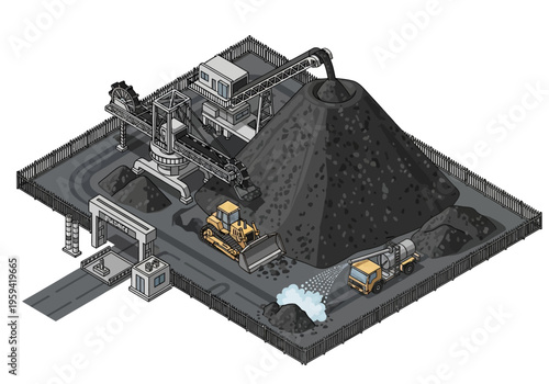 Industrial coal mining operation with heavy machinery and large piles of coal