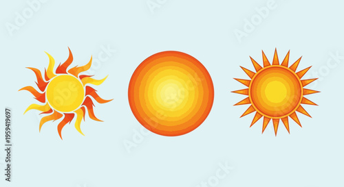 Set of Stylized Sun Vector Icons - Sun Symbols for Summer, Weather, and Solar Energy Graphics