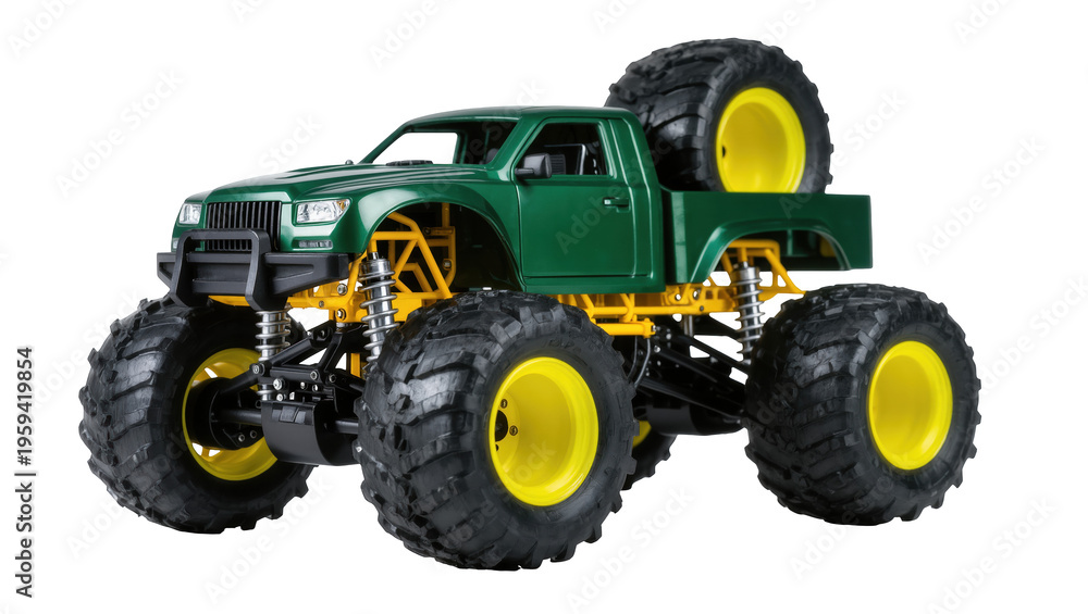 Obraz premium Green remote control monster truck model with massive wheels and rugged off-road chassis