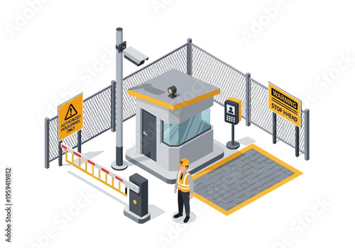 Security checkpoint booth with guard, gate, camera, and warning signs
