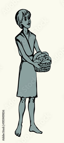 Vector drawing. The boy offers 5 loaves of bread and 2 fish