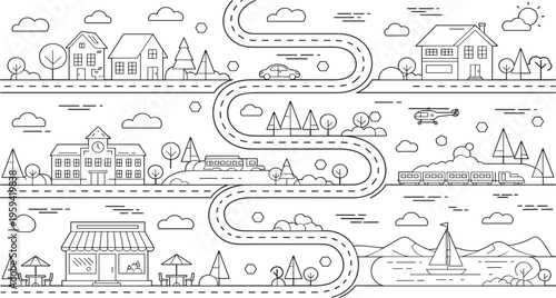 Professional linear illustration featuring residential homes, schools, commercial storefronts, and diverse transportation including trains, cars, and boats.