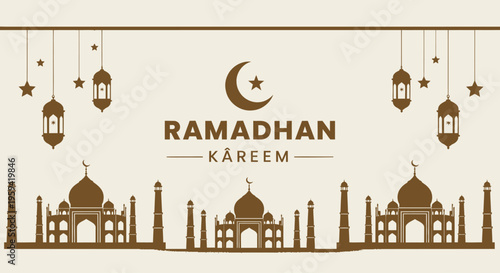 Graceful Ramadhan Kareem greeting banner featuring traditional mosque architecture, crescent moon, and elegant hanging lanterns for Islamic festival celebration