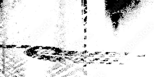 Black and white grunge texture background with heavy ink splatters, distressed grainy overlay, weathered wall effect with dark spots and scratches for vintage industrial graphic design projects.