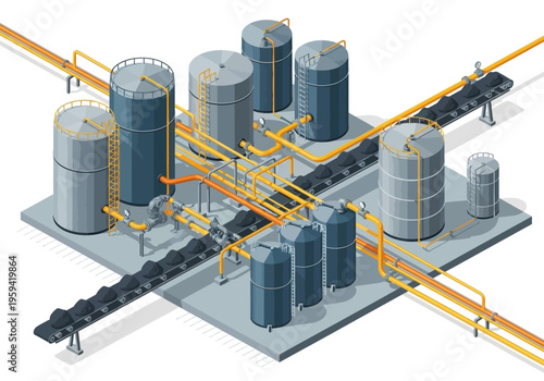 Industrial facility with storage tanks and pipelines for processing and transport of raw materials or finished goods