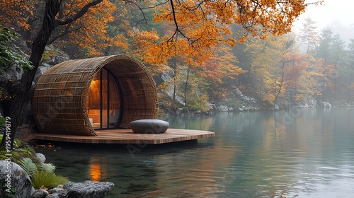 Autumnal lakeside cabin.