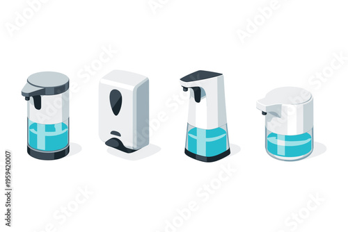 Collection of four different automatic soap dispensers in isometric view