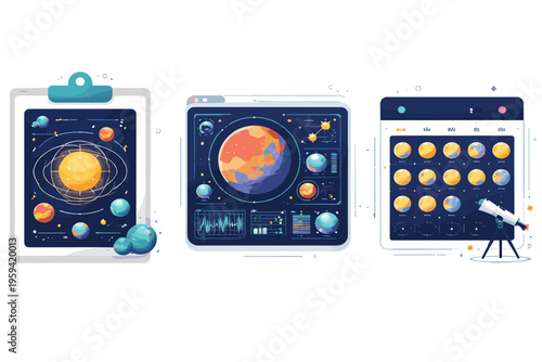 Digital displays show planets, solar system, and astronomical data