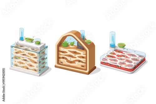 Three different ant farms with ants and tunnels displayed in isometric view