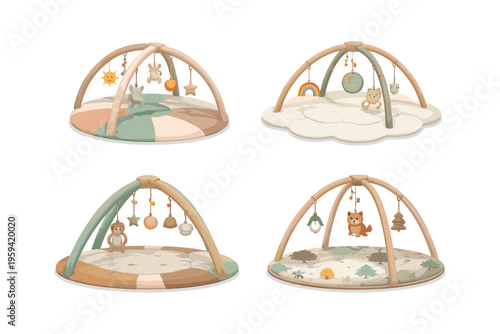 Four different baby play gyms with hanging toys and soft mats
