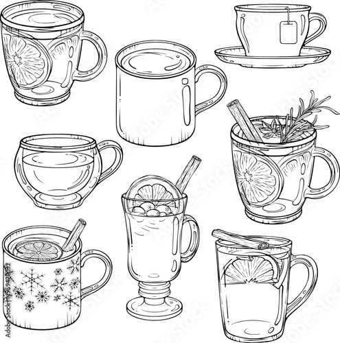 Hot drinks set with tea, mulled wine with spices, lemon and ginger tea with cinnamon. For winter themes, cafe, print. Vector illustration in hand drawn doodle sketch style. Line art isolated on white