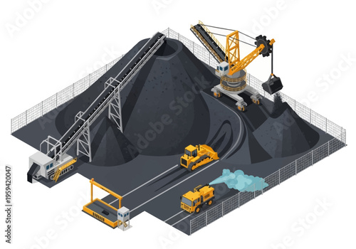 Industrial coal processing plant with heavy machinery and large stockpiles
