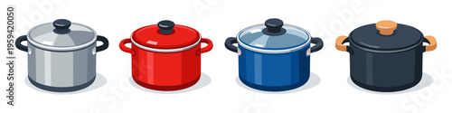 Various colorful cooking pots with transparent lids arranged in a line