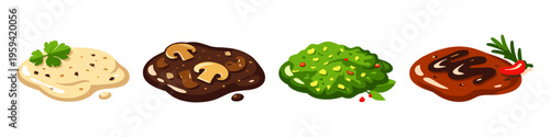 Collection of four diverse sauces and dips with garnishes, presented in a flat illustration style