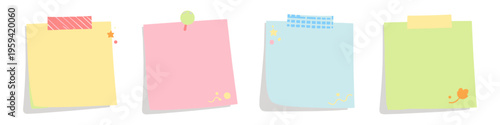 Collection of colorful sticky notes with decorative tape and pins