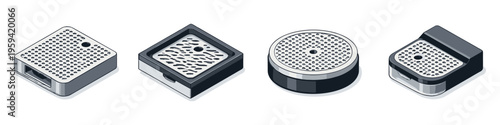 Collection of isometric drain covers with various perforated patterns