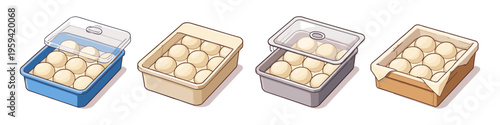 Collection of dough balls in various containers for proofing and baking preparation