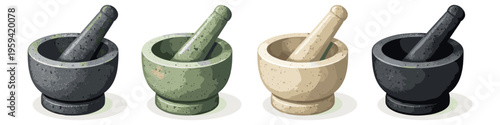 Set of four stone mortars and pestles in various colors and textures