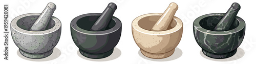 Collection of four stone mortars and pestles in different colors and textures