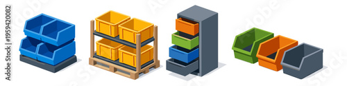 Various storage bins and containers displayed in an isometric view