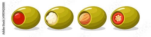 Four green olives with different fillings and seeds shown