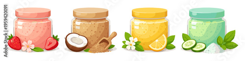 Assortment of natural fruit and botanical body scrubs in jars for skincare