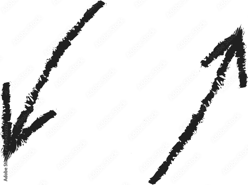 Fototapeta premium Hand drawn black arrows in charcoal style, rough textured pointer icons on white background, sketchy directional vector elements for design