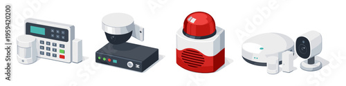 Collection of modern home security system devices and components
