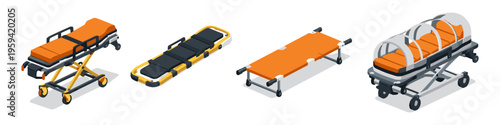 Collection of medical stretchers and patient transport devices in isometric view