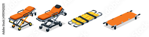 Collection of medical stretchers and gurneys in isometric view