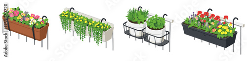 Collection of various balcony planters with colorful flowers and herbs