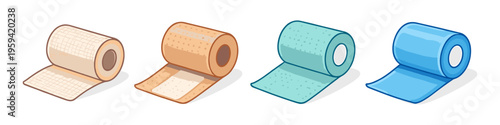 Collection of four different rolls of medical bandages in various colors and textures