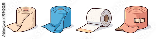 Collection of four different elastic bandages and medical wraps on a white background