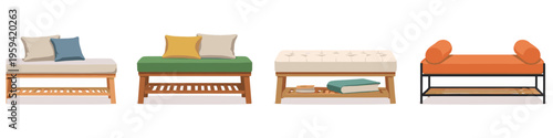 Collection of four modern benches with cushions and storage shelves