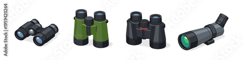 Collection of four different types of binoculars and a spotting scope