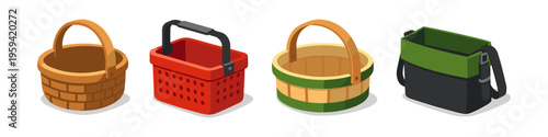 Collection of four different types of baskets and bags in isometric view