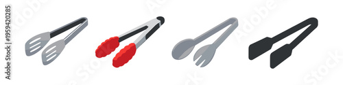 Collection of four different kitchen tongs in isometric view on white background